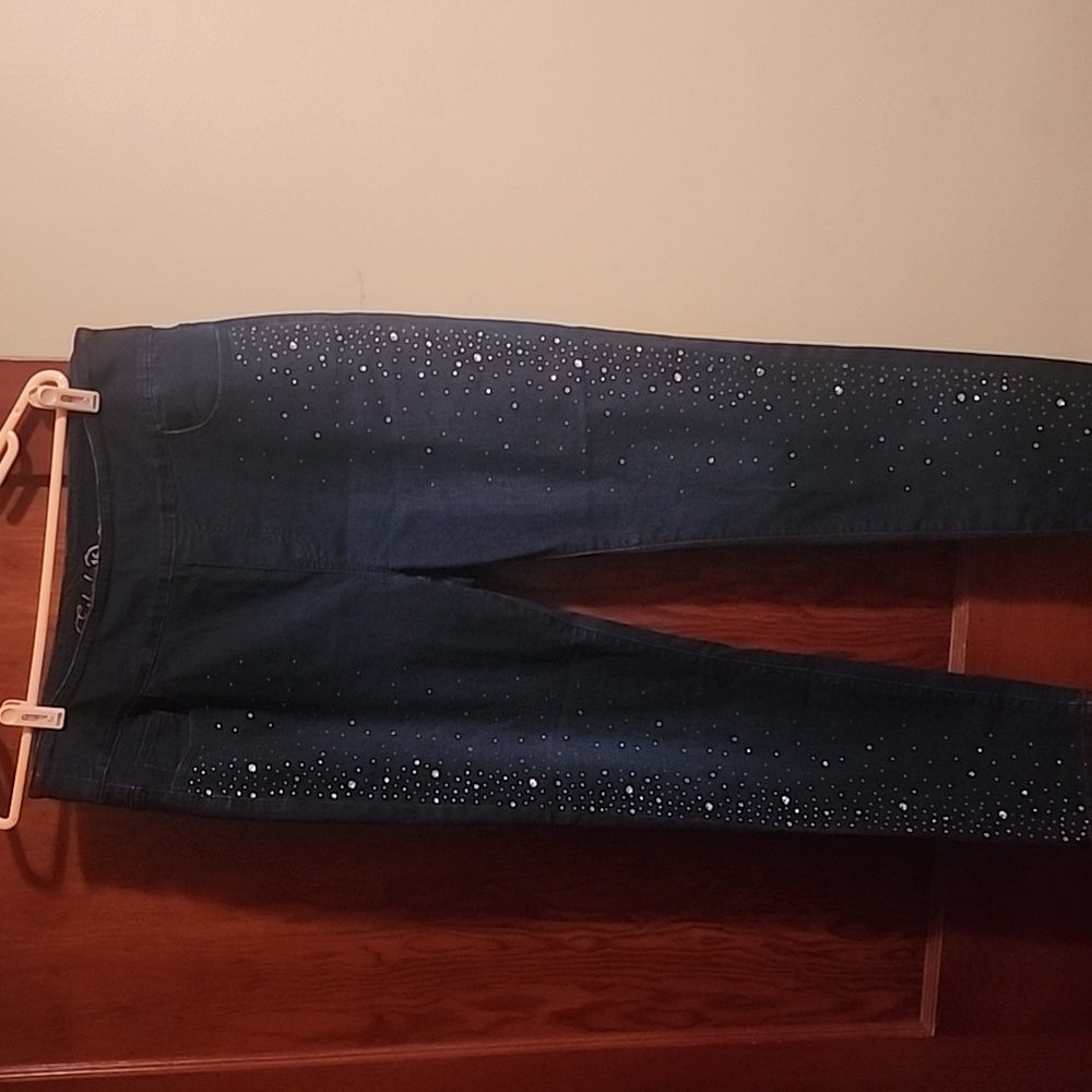 Ethyl  crystal rhinestone studded jeans.